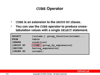 CUBE  Operator CUBE  is an extension to the  GROUP   BY  clause. You can use the  CUBE  operator to produce cross-tabulation values with a single  SELECT  statement. SELECT [ column ,]  group_function(column)... FROM table [WHERE condition ] [GROUP BY [CUBE]  group_by_expression ] [HAVING  having_expression ] [ORDER BY column ]; 