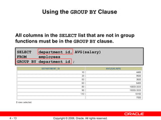 Using the  GROUP   BY  Clause  All columns in the  SELECT  list that are not in group functions must be in the  GROUP   BY  clause. SELECT  department_id, AVG(salary) FROM  employees GROUP BY department_id ; 