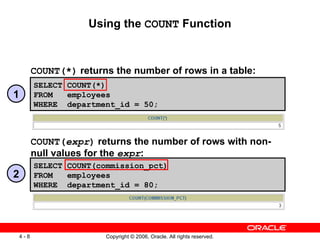 COUNT(*)  returns the number of rows in a table: COUNT( expr )  returns the number of rows with non-null values for the  expr : Using the  COUNT  Function SELECT COUNT(commission_pct) FROM  employees WHERE  department_id = 80; SELECT COUNT(*) FROM  employees WHERE  department_id = 50; 1 2 