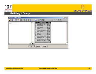 11training@Delveoracle.com http://www.DelveOracle.com
Building a Query
 