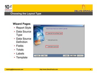 6training@Delveoracle.com http://www.DelveOracle.com
Choosing the Layout Type
Wizard Pages
• Report Style
• Data Source
Type
• Data Source
Definition
• Fields
• Totals
• Labels
• Template
 