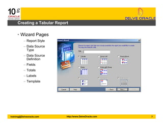 7training@Delveoracle.com http://www.DelveOracle.com
Creating a Tabular Report
• Wizard Pages
– Report Style
– Data Source
Type
– Data Source
Definition
– Fields
– Totals
– Labels
– Template
 