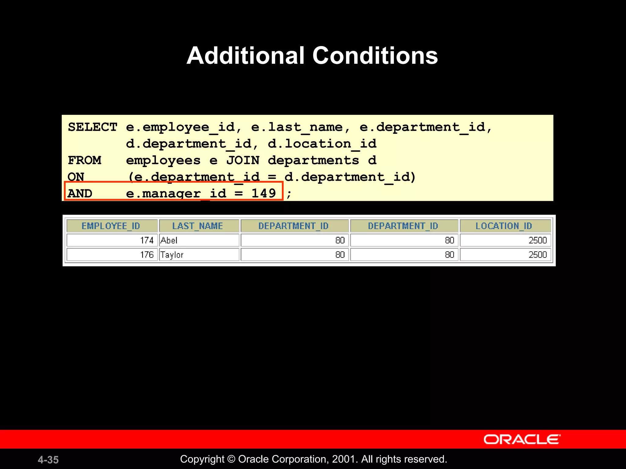 4-35 Copyright © Oracle Corporation, 2001. All rights reserved.
SELECT e.employee_id, e.last_name, e.department_id,
d.department_id, d.location_id
FROM employees e JOIN departments d
ON (e.department_id = d.department_id)
AND e.manager_id = 149 ;
Additional Conditions
 
