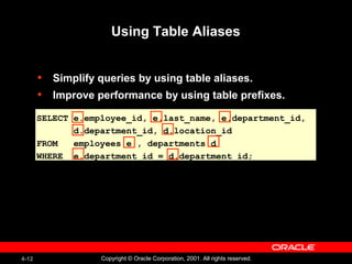 4-12 Copyright © Oracle Corporation, 2001. All rights reserved.
SELECT e.employee_id, e.last_name, e.department_id,
d.department_id, d.location_id
FROM employees e , departments d
WHERE e.department_id = d.department_id;
Using Table Aliases
• Simplify queries by using table aliases.
• Improve performance by using table prefixes.
 