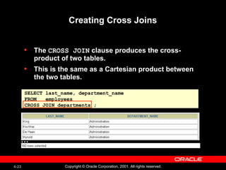 4-23 Copyright © Oracle Corporation, 2001. All rights reserved.
Creating Cross Joins
• The CROSS JOIN clause produces the cross-
product of two tables.
• This is the same as a Cartesian product between
the two tables.
SELECT last_name, department_name
FROM employees
CROSS JOIN departments ;
…
 