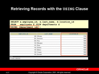 4-27 Copyright © Oracle Corporation, 2001. All rights reserved.
SELECT e.employee_id, e.last_name, d.location_id
FROM employees e JOIN departments d
USING (department_id) ;
Retrieving Records with the USING Clause
…
 