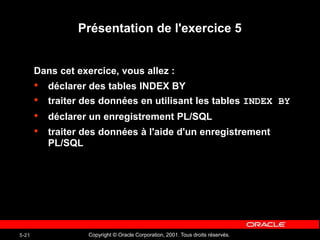 Copyright © Oracle Corporation, 2001. Tous droits réservés.
5-21
Présentation de l'exercice 5
Dans cet exercice, vous allez :
• déclarer des tables INDEX BY
• traiter des données en utilisant les tables INDEX BY
• déclarer un enregistrement PL/SQL
• traiter des données à l'aide d'un enregistrement
PL/SQL
 