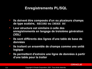 Copyright © Oracle Corporation, 2001. Tous droits réservés.
5-4
Enregistrements PL/SQL
• Ils doivent être composés d'un ou plusieurs champs
de type scalaire, RECORD ou INDEX BY
• Leur structure est similaire à celle des
enregistrements en langage de troisième génération
(3GL)
• Ils sont différents des lignes d'une table de base de
données
• Ils traitent un ensemble de champs comme une unité
logique
• Ils permettent d'extraire une ligne de données à partir
d'une table pour la traiter
 