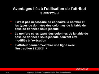 Copyright © Oracle Corporation, 2001. Tous droits réservés.
5-10
Avantages liés à l'utilisation de l'attribut
%ROWTYPE
• Il n'est pas nécessaire de connaître le nombre et
les types de données des colonnes de la table de
base de données sous-jacente
• Le nombre et les types des colonnes de la table de
base de données sous-jacente peuvent être
modifiés à l'exécution
• L'attribut permet d'extraire une ligne avec
l'instruction SELECT *
 