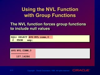 Using the NVL Function with Group FunctionsThe NVL function forces group functions to include null values.SQL> SELECT AVG(NVL(comm,0))2  FROM   emp;AVG(NVL(COMM,0))----------------157.14286