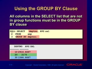 Using the GROUP BY Clause All columns in the SELECT list that are not in group functions must be in the GROUP BY clause.SQL> SELECT   deptno, AVG(sal)2  FROM     emp3  GROUP BY deptno;   DEPTNO  AVG(SAL)--------- ---------102916.6667202175301566.6667