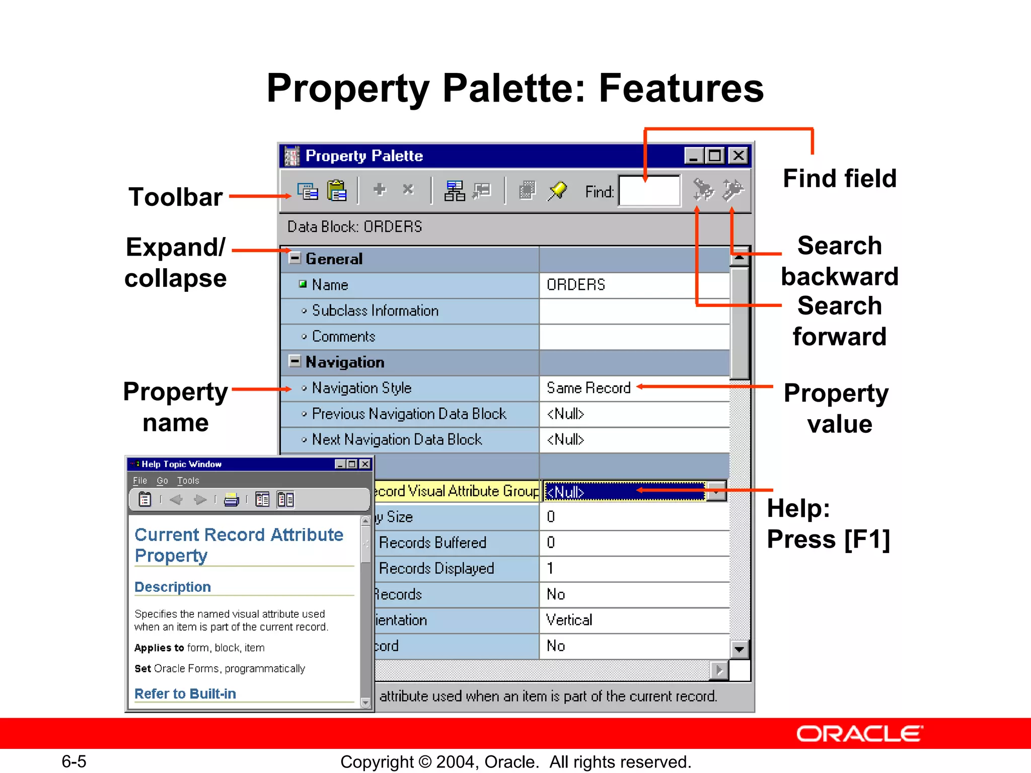 Property Palette: Features Property name Property  value Toolbar Expand/ collapse Find field Search backward Search forward Help:  Press [F1] 