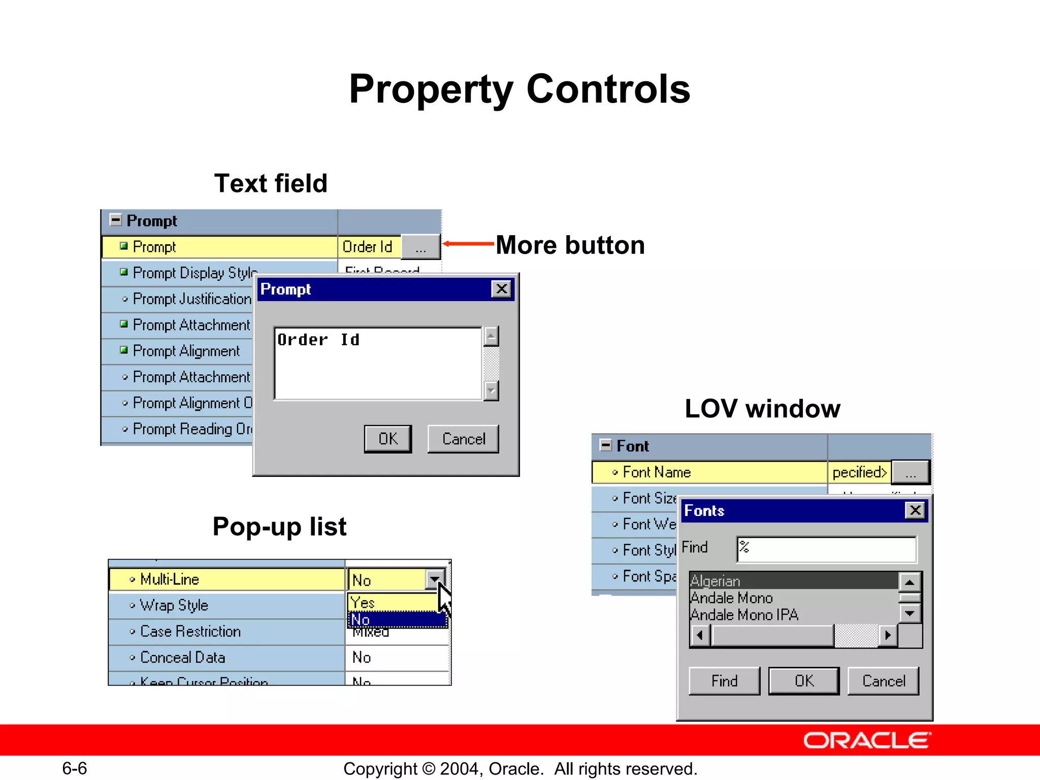 Property Controls Text field LOV window Pop-up list More button 
