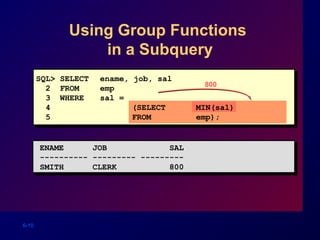 6-10
Using Group Functions
in a Subquery
800
ENAME JOB SAL
---------- --------- ---------
SMITH CLERK 800
SQL> SELECT ename, job, sal
2 FROM emp
3 WHERE sal =
4 (SELECT MIN(sal)
5 FROM emp);
 