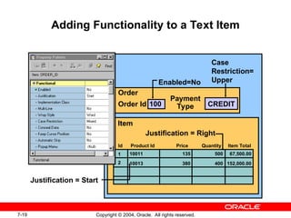 7-19 Copyright © 2004, Oracle. All rights reserved.
Adding Functionality to a Text Item
Item
Id Product Id Price Quantity Item Total
10011 135 500 67,500.00
10013 380 400 152,000.00
1
2
Order
CREDIT
Order Id 100
Enabled=No
Case
Restriction=
Upper
Justification = Start
Justification = Right
Payment
Type
 