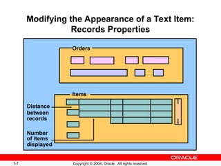 7-7 Copyright © 2004, Oracle. All rights reserved.
Modifying the Appearance of a Text Item:
Records Properties
Distance
between
records
Number
of items
displayed
Orders
Items
 