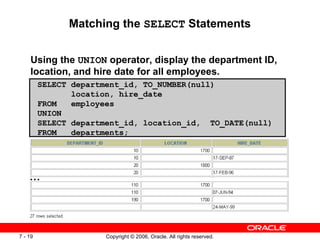 Matching the  SELECT  Statements Using the  UNION  operator, display the department ID, location, and hire date for all employees. SELECT department_id, TO_NUMBER(null)  location, hire_date FROM  employees UNION SELECT department_id, location_id,  TO_DATE(null) FROM  departments; … 