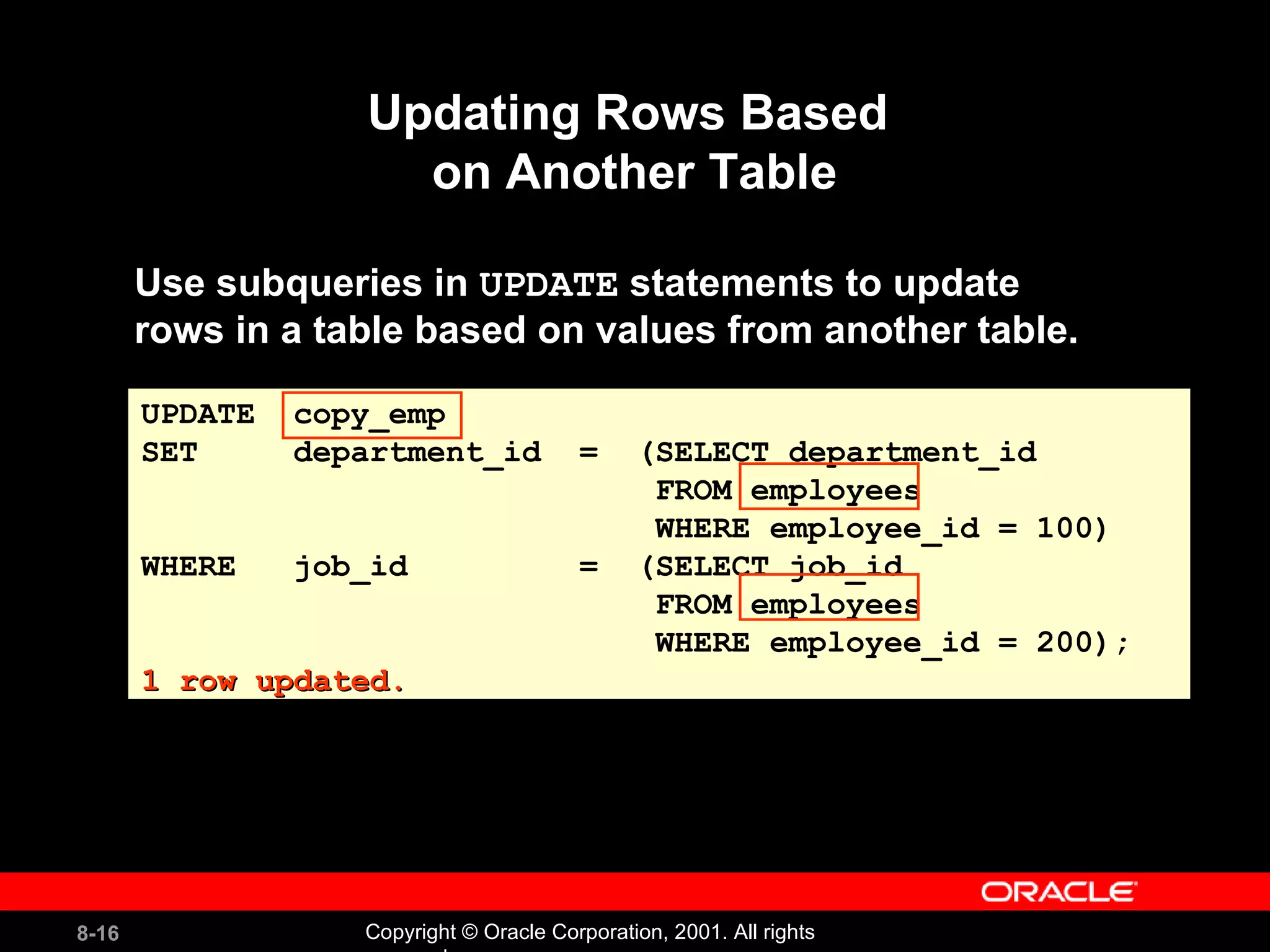 Updating Rows Based  on Another Table Use subqueries in  UPDATE  statements to update  rows in a table based on values from another table. UPDATE  copy_emp SET  department_id  =  (SELECT department_id FROM employees WHERE employee_id = 100) WHERE  job_id  =  (SELECT job_id FROM employees WHERE employee_id = 200); 1 row updated. 
