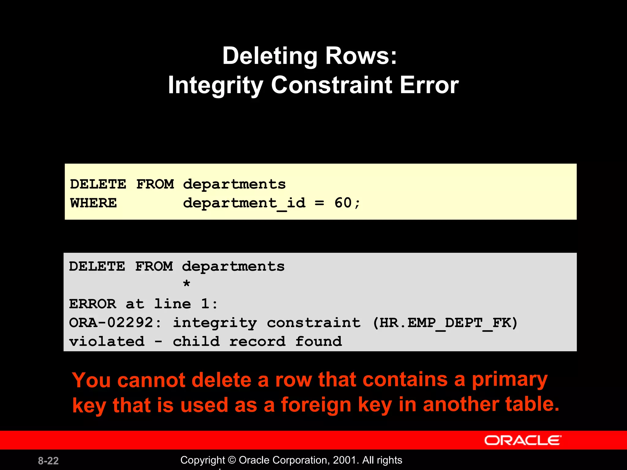 Deleting Rows:  Integrity Constraint Error You cannot delete a row that contains a primary key that is used as a foreign key in another table. DELETE FROM departments WHERE  department_id = 60; DELETE FROM departments * ERROR at line 1: ORA-02292: integrity constraint (HR.EMP_DEPT_FK) violated - child record found 