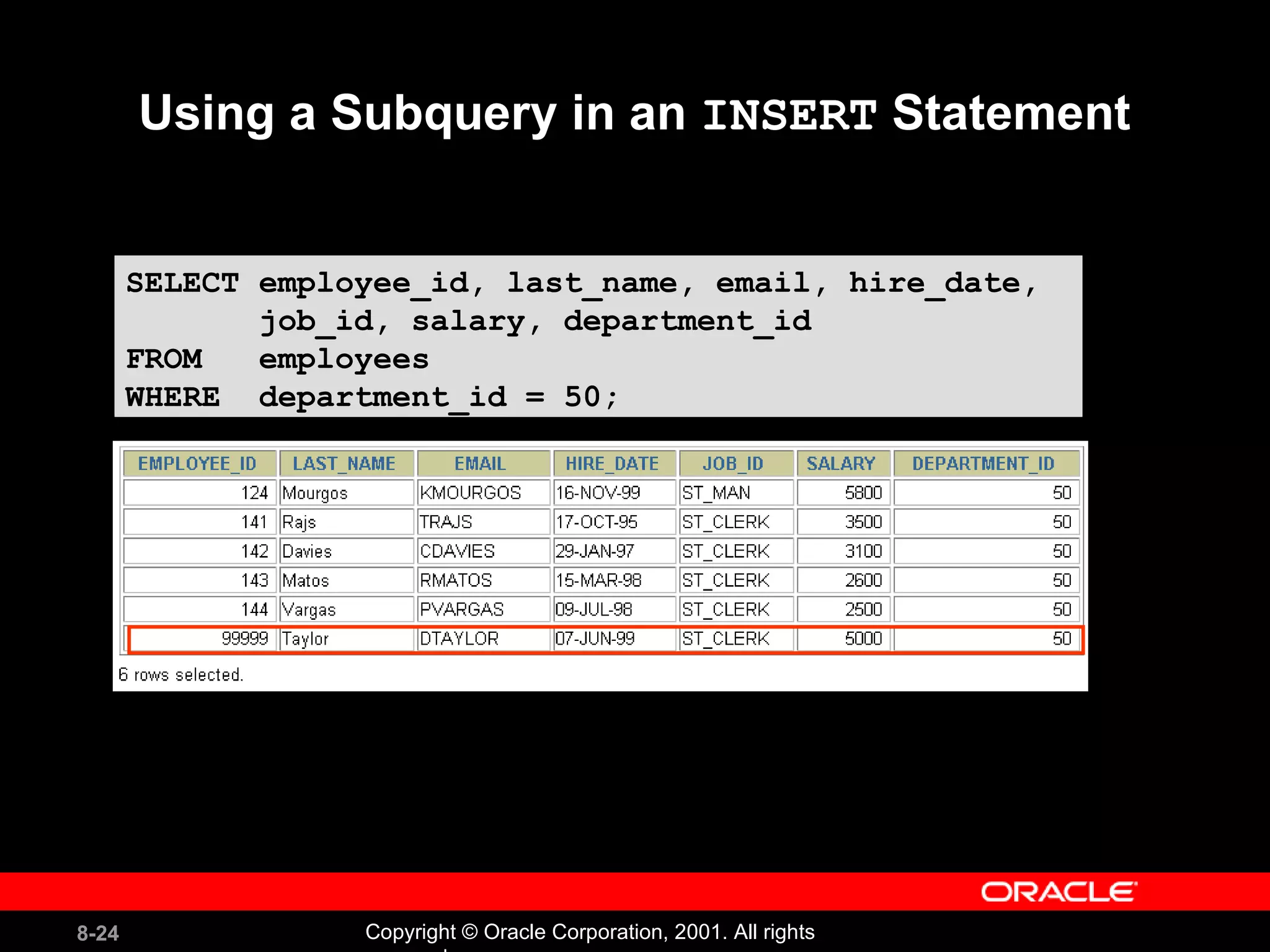 Using a Subquery in an  INSERT  Statement Verify the results SELECT employee_id, last_name, email, hire_date,  job_id, salary, department_id FROM  employees WHERE  department_id = 50; 
