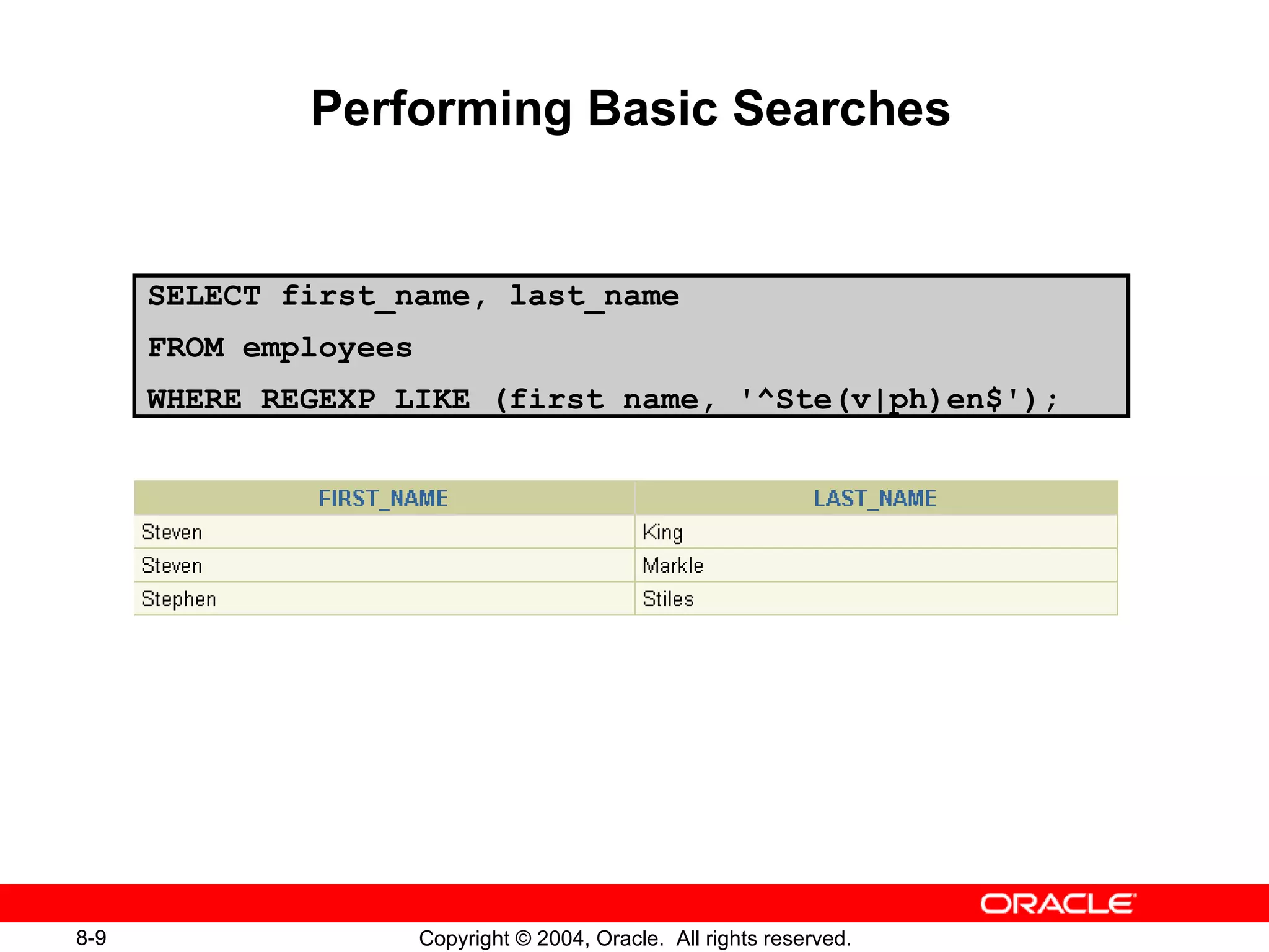 Performing Basic Searches SELECT first_name, last_name FROM employees WHERE REGEXP_LIKE (first_name, '^Ste(v|ph)en$'); 