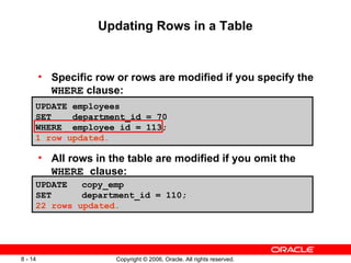 Specific row or rows are modified if you specify the  WHERE  clause: All rows in the table are modified if you omit the  WHERE  clause: Updating Rows in a Table UPDATE employees SET  department_id = 70 WHERE  employee_id = 113; 1 row updated. UPDATE  copy_emp SET  department_id = 110; 22 rows updated. 