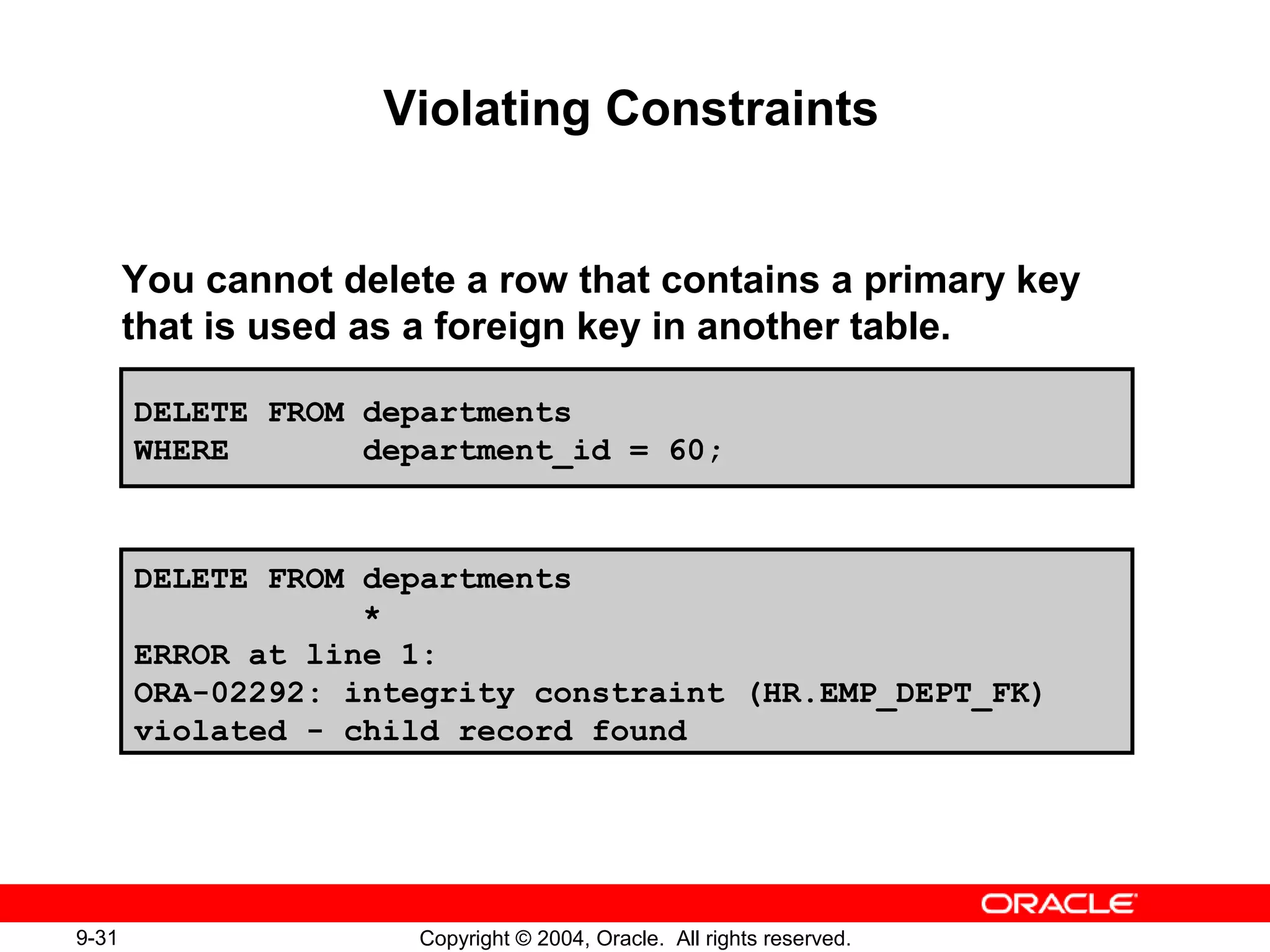 9-31 Copyright © 2004, Oracle. All rights reserved.
Violating Constraints
You cannot delete a row that contains a primary key
that is used as a foreign key in another table.
DELETE FROM departments
WHERE department_id = 60;
DELETE FROM departments
*
ERROR at line 1:
ORA-02292: integrity constraint (HR.EMP_DEPT_FK)
violated - child record found
 