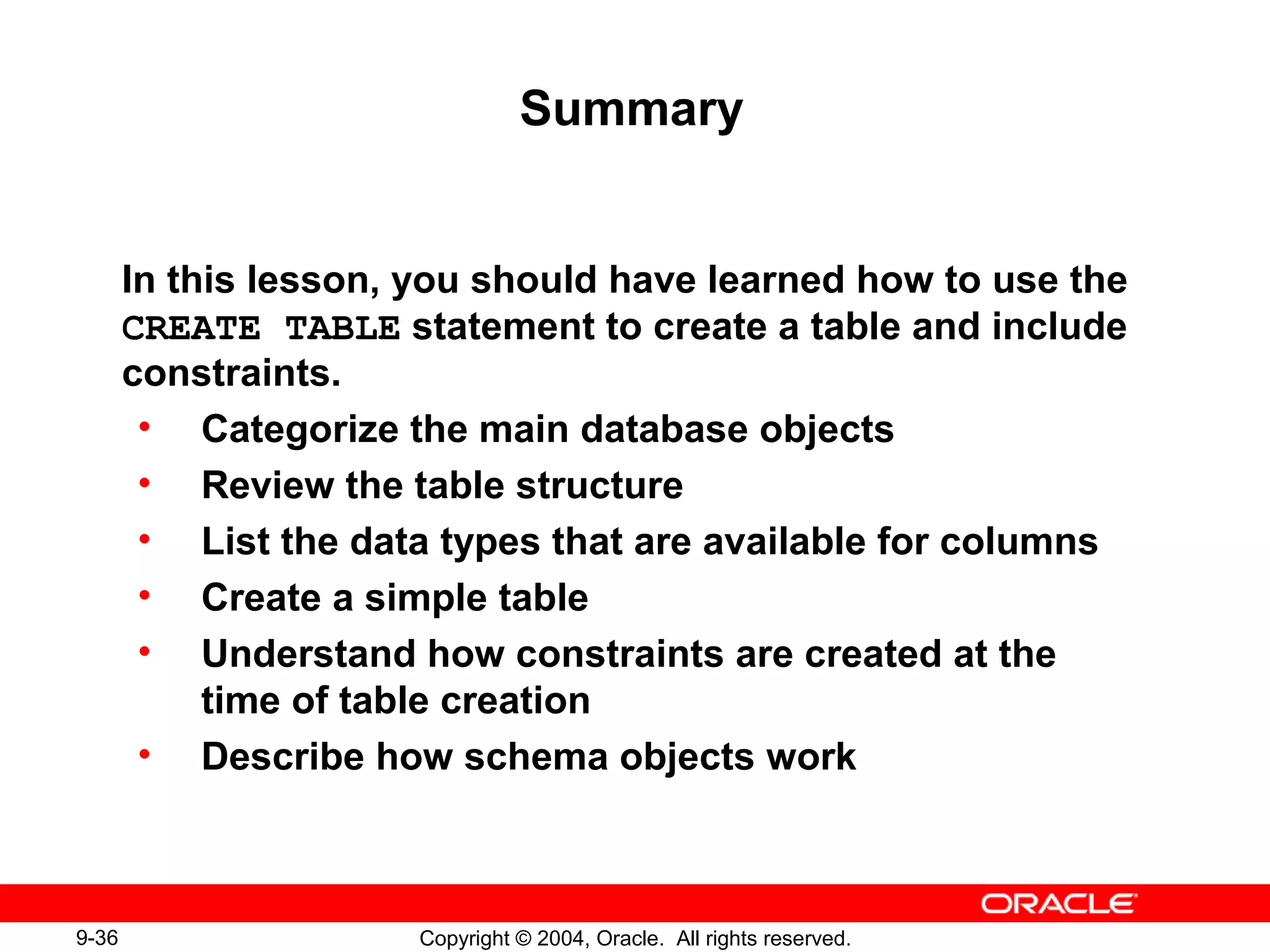 9-36 Copyright © 2004, Oracle. All rights reserved.
Summary
In this lesson, you should have learned how to use the
CREATE TABLE statement to create a table and include
constraints.
• Categorize the main database objects
• Review the table structure
• List the data types that are available for columns
• Create a simple table
• Understand how constraints are created at the
time of table creation
• Describe how schema objects work
 