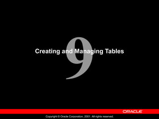 9
Copyright © Oracle Corporation, 2001. All rights reserved.
Creating and Managing Tables
 