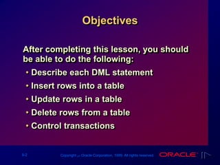 9-2 Copyright ‫س‬ Oracle Corporation, 1999. All rights reserved.
Objectives
After completing this lesson, you should
be able to do the following:
• Describe each DML statement
• Insert rows into a table
• Update rows in a table
• Delete rows from a table
• Control transactions
 