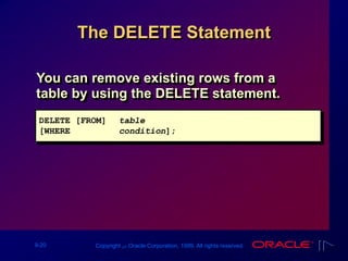 9-20 Copyright ‫س‬ Oracle Corporation, 1999. All rights reserved.
The DELETE Statement
You can remove existing rows from a
table by using the DELETE statement.
DELETE [FROM] table
[WHERE condition];
 