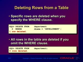 9-21 Copyright ‫س‬ Oracle Corporation, 1999. All rights reserved.
• Specific rows are deleted when you
specify the WHERE clause.
• All rows in the table are deleted if you
omit the WHERE clause.
Deleting Rows from a Table
SQL> DELETE FROM department
2 WHERE dname = 'DEVELOPMENT';
1 row deleted.
SQL> DELETE FROM department;
4 rows deleted.
 