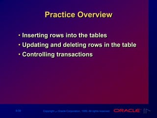 9-39 Copyright ‫س‬ Oracle Corporation, 1999. All rights reserved.
Practice Overview
• Inserting rows into the tables
• Updating and deleting rows in the table
• Controlling transactions
 