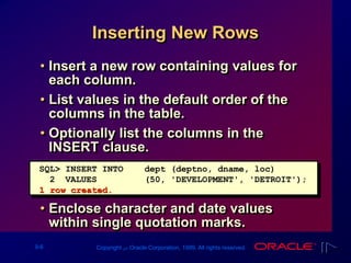 9-6 Copyright ‫س‬ Oracle Corporation, 1999. All rights reserved.
Inserting New Rows
• Insert a new row containing values for
each column.
• List values in the default order of the
columns in the table.
• Optionally list the columns in the
INSERT clause.
• Enclose character and date values
within single quotation marks.
SQL> INSERT INTO dept (deptno, dname, loc)
2 VALUES (50, 'DEVELOPMENT', 'DETROIT');
1 row created.
 