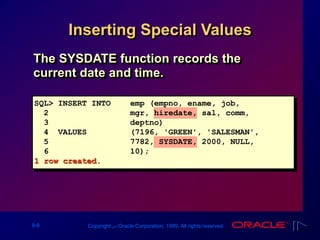 9-8 Copyright ‫س‬ Oracle Corporation, 1999. All rights reserved.
Inserting Special Values
The SYSDATE function records the
current date and time.
SQL> INSERT INTO emp (empno, ename, job,
2 mgr, hiredate, sal, comm,
3 deptno)
4 VALUES (7196, 'GREEN', 'SALESMAN',
5 7782, SYSDATE, 2000, NULL,
6 10);
1 row created.
 