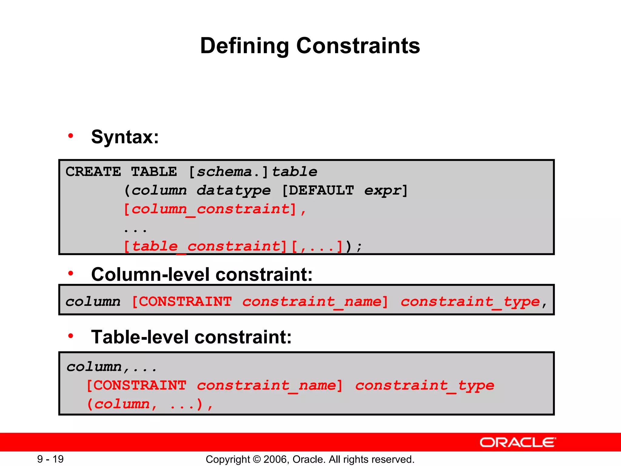 Syntax: Column-level constraint: Table-level constraint: Defining Constraints CREATE TABLE [ schema .] table ( column   datatype  [DEFAULT  expr ] [ column_constraint ], ... [ table_constraint ][,...] ); column,... [CONSTRAINT  constraint_name ]  constraint_type ( column , ...), column   [CONSTRAINT  constraint_name ]  constraint_type , 