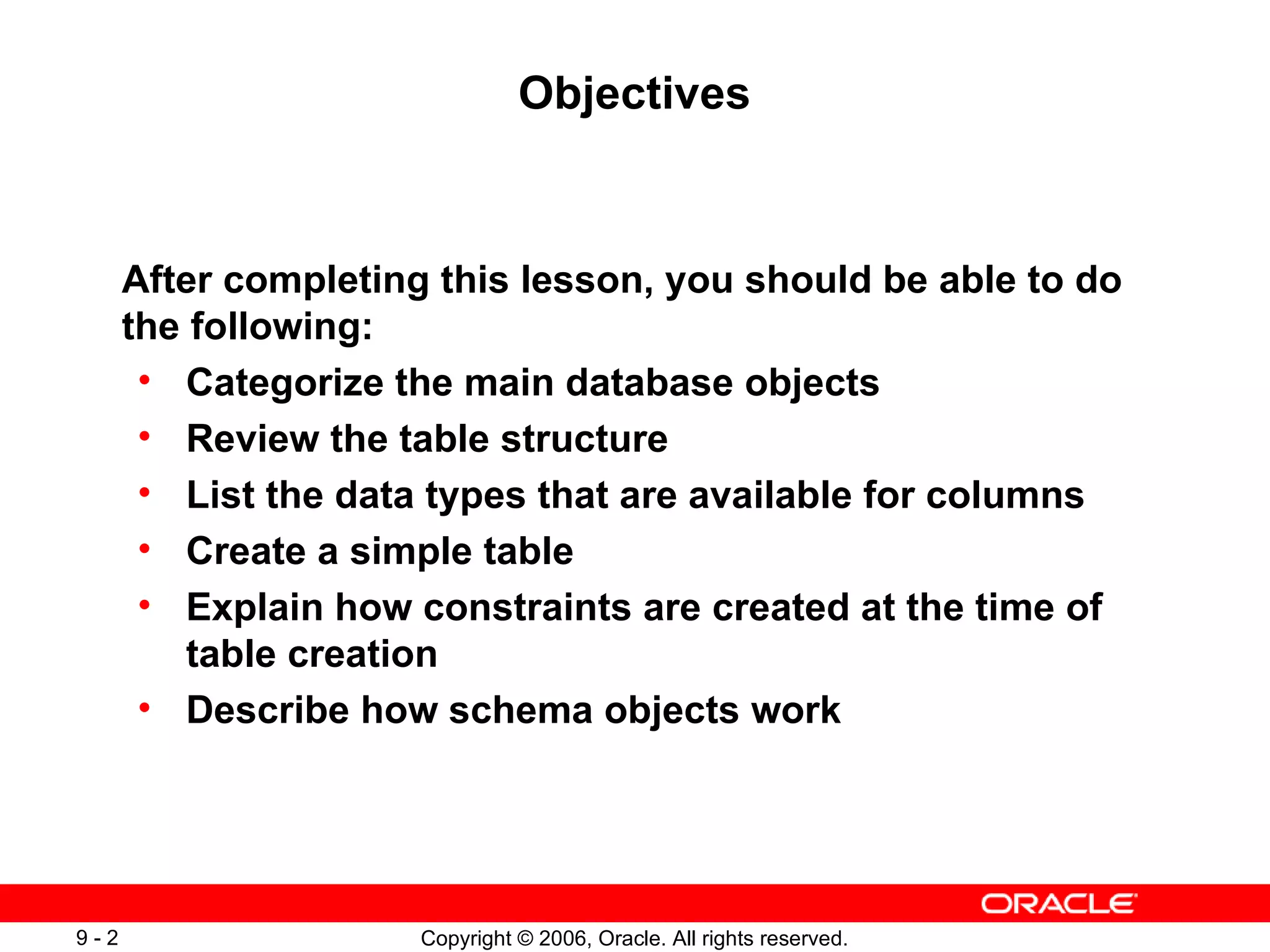 Objectives After completing this lesson, you should be able to do the following: Categorize the main database objects Review the table structure List the data types that are available for columns Create a simple table Explain how constraints are created at the time of table creation Describe how schema objects work 