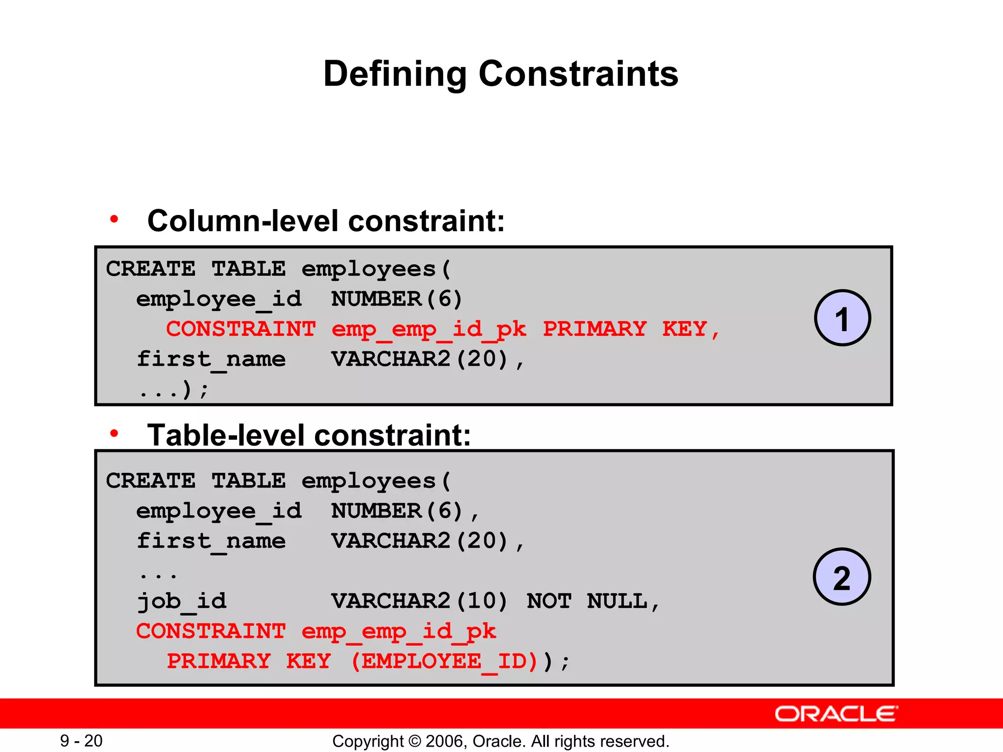 Defining Constraints Column-level constraint:  Table-level constraint: CREATE TABLE employees( employee_id  NUMBER(6) CONSTRAINT emp_emp_id_pk PRIMARY KEY, first_name  VARCHAR2(20), ...); CREATE TABLE employees( employee_id  NUMBER(6), first_name  VARCHAR2(20), ... job_id  VARCHAR2(10) NOT NULL, CONSTRAINT emp_emp_id_pk  PRIMARY KEY (EMPLOYEE_ID) ); 1 2 
