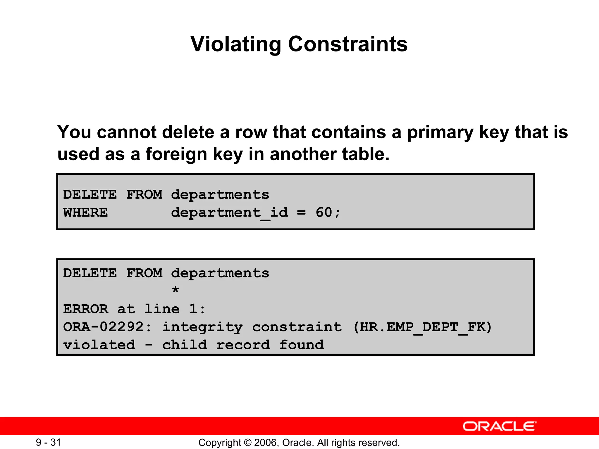 Violating Constraints You cannot delete a row that contains a primary key that is used as a foreign key in another table. DELETE FROM departments WHERE  department_id = 60; DELETE FROM departments * ERROR at line 1: ORA-02292: integrity constraint (HR.EMP_DEPT_FK) violated - child record found 