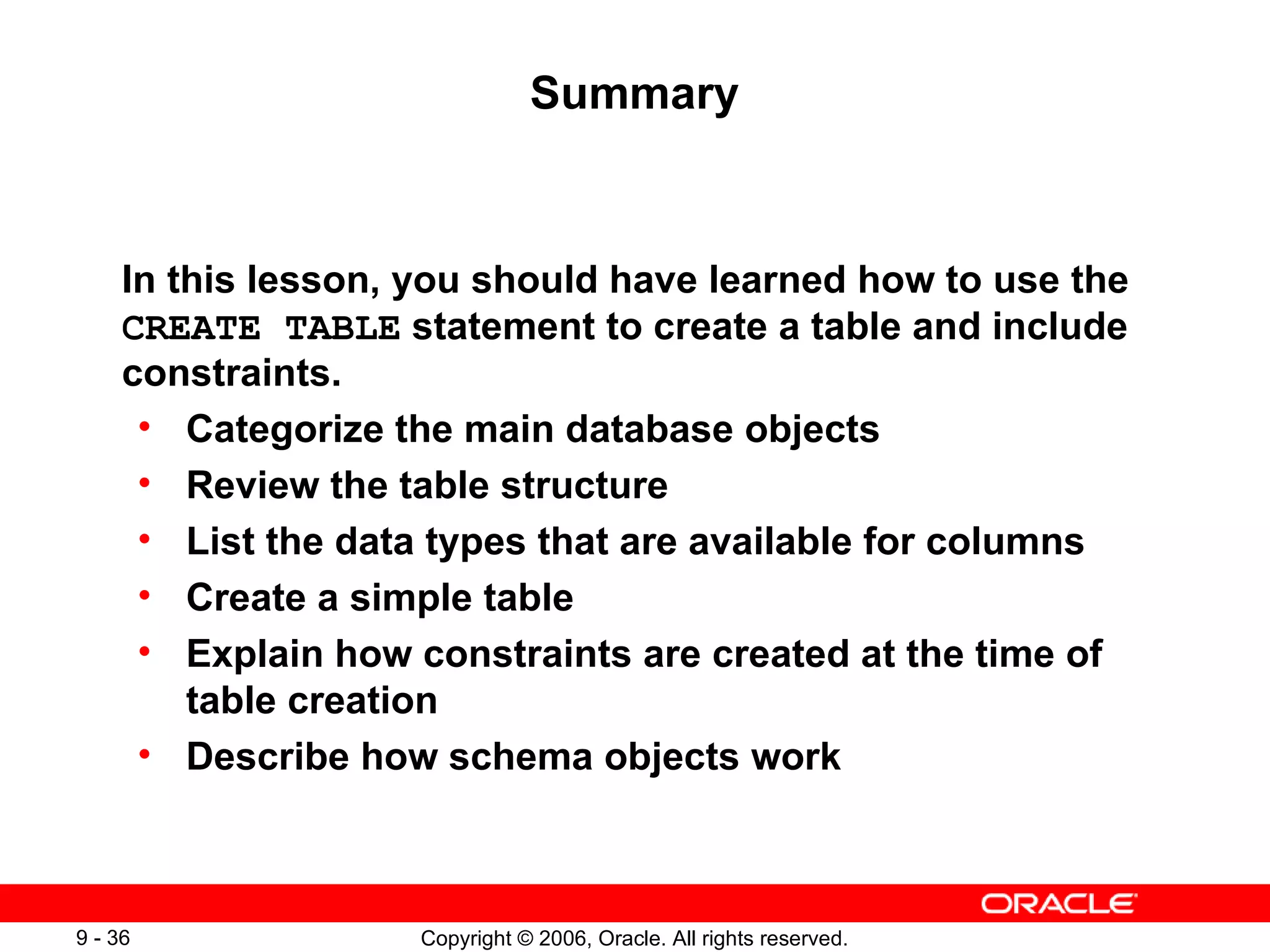 Summary In this lesson, you should have learned how to use the  CREATE TABLE  statement to create a table and include constraints. Categorize the main database objects Review the table structure List the data types that are available for columns Create a simple table Explain how constraints are created at the time of table creation Describe how schema objects work 
