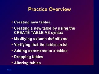 10-23
Practice Overview
• Creating new tables
• Creating a new table by using the
CREATE TABLE AS syntax
• Modifying column definitions
• Verifying that the tables exist
• Adding comments to a tables
• Dropping tables
• Altering tables
 