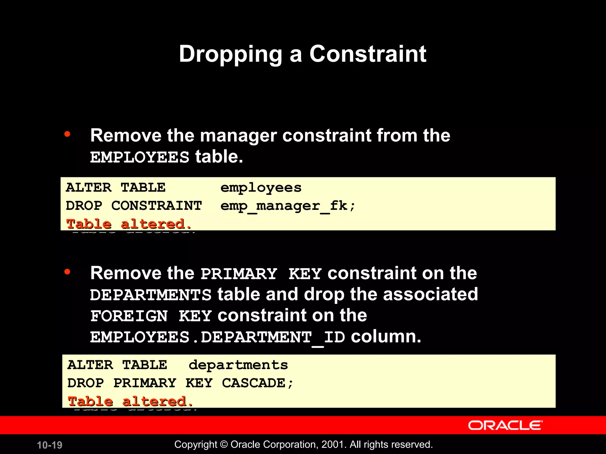 10-19 Copyright © Oracle Corporation, 2001. All rights reserved. Dropping a Constraint • Remove the manager constraint from the EMPLOYEES table. • Remove the PRIMARY KEY constraint on the DEPARTMENTS table and drop the associated FOREIGN KEY constraint on the EMPLOYEES.DEPARTMENT_ID column. ALTER TABLE employees DROP CONSTRAINT emp_manager_fk; Table altered.Table altered. ALTER TABLE employees DROP CONSTRAINT emp_manager_fk; Table altered.Table altered. ALTER TABLE departments DROP PRIMARY KEY CASCADE; Table altered.Table altered. ALTER TABLE departments DROP PRIMARY KEY CASCADE; Table altered.Table altered. 