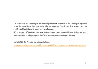 Le Ministère de l’écologie, du développement durable et de l’énergie a publié
pour la première fois au mois de septembre 2012 un document sur les
chiffres clés de l’environnement en France.
40 sources différentes ont été nécessaires pour recueillir ces informations.
Nous publions ici quelques chiffres que nous trouvons pertinents.

La totalité de l’étude est disponible sur
www.developpement-durable.gouv.fr/Chiffres-cles-de-l-environnement.html




                               Ecoute et Qualité                          2
 