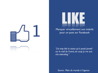 LIKE
Marquer virtuellement son intérêt
   pour un post sur Facebook




“J’ai trop liké le statut qu’a posté Jonath’
sur le wall de l’event, du coup je me suis
mis attending.“




  Source : Plein de monde à l’agence
 