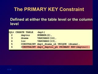 The PRIMARY KEY Constraint Defined at either the table level or the column level SQL> CREATE TABLE  dept( 2  deptno    NUMBER(2), 3 dname   VARCHAR2(14), 4 loc   VARCHAR2(13), 5 CONSTRAINT dept_dname_uk UNIQUE (dname), 6 CONSTRAINT dept_deptno_pk PRIMARY KEY(deptno)); 