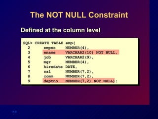 The NOT NULL Constraint Defined at the column level SQL> CREATE TABLE emp( 2  empno  NUMBER(4), 3 ename VARCHAR2(10) NOT NULL, 4 job VARCHAR2(9), 5 mgr NUMBER(4), 6 hiredate DATE, 7 sal NUMBER(7,2), 8  comm NUMBER(7,2), 9 deptno NUMBER(7,2) NOT NULL); 
