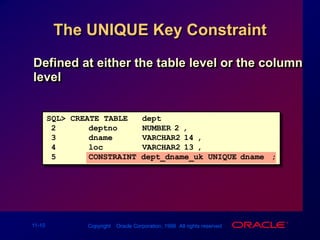 The UNIQUE Key ConstraintDefined at either the table level or the column level SQL> CREATE TABLE   dept(2deptno   NUMBER(2),3dname  VARCHAR2(14),4loc  VARCHAR2(13),5CONSTRAINT dept_dname_uk UNIQUE(dname));