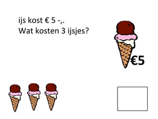 ijs kost € 5 -,.
Wat kosten 3 ijsjes?
€5
 