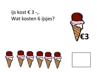 ijs kost € 3 -,.
Wat kosten 6 ijsjes?
€3
 