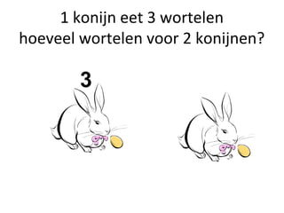 1 konijn eet 3 wortelen
hoeveel wortelen voor 2 konijnen?
3
 